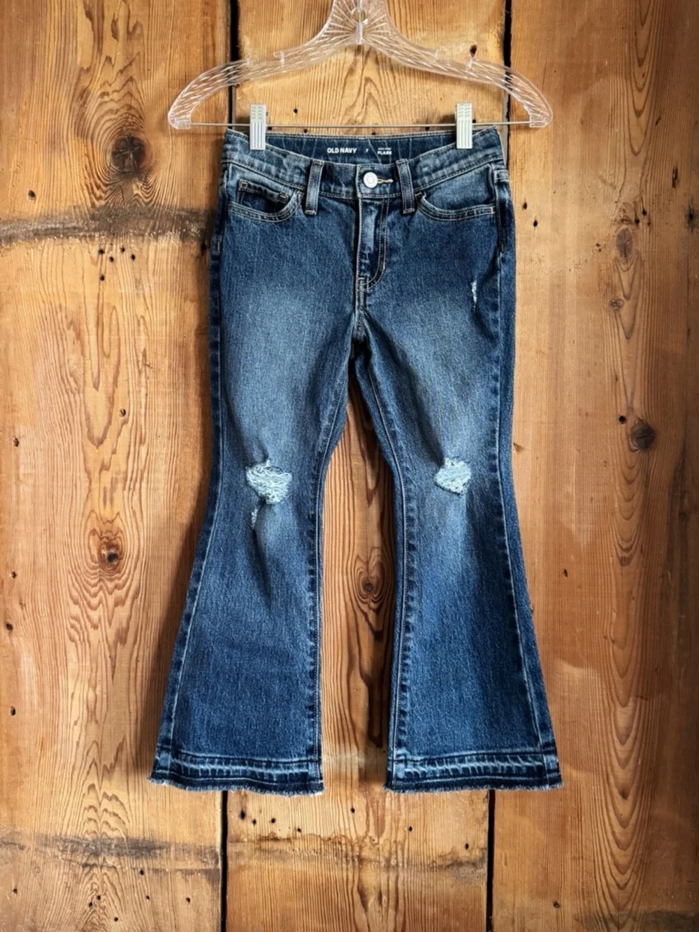 Sz 7 Girl’s Old Navy Medium Wash High-Waisted Denim Ripped Flare Jeans NWOT